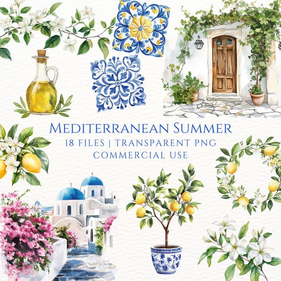 Santorini Summer Clipart, Watercolor Lemons, Blue Azulejo Tiles, Mediterranean Vacation, Greece, Yellow Digital Stickers, Scrapbooking
