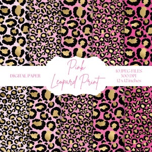 Leopard Print Digital Paper, Pink Metallic Backgrounds, Seamless Animal Print Patterns, Cheetah Print Scrapbook Paper Set, Pink And Black