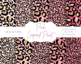 Leopard Print Digital Paper, Pink Metallic Backgrounds, Seamless Animal Print Patterns, Cheetah Print Scrapbook Paper Set, Pink And Black