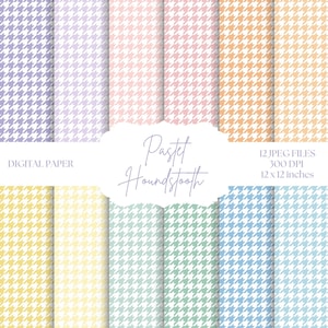 May include: A collection of digital papers with pastel houndstooth patterns in various colors, including lavender, pink, peach, yellow, green, and blue. The papers are 12 x 12 inches and 300 DPI. Text on the image reads "DIGITAL PAPER" and "Pastel Houndstooth".