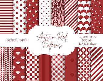 Autumn Red Digital Paper, Maroon Backgrounds, Seamless Patterns, Fall Scrapbooking, Red Stripes, Polka Dots, Card Making, Invitations