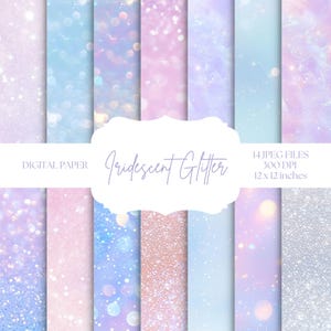 Papel digital com glitter, padrões de sereia sem costura, fundos roxos iridescentes, scrapbooking digital, texturas holográficas rosa e azul