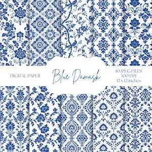 Papel digital damasco azul, fondos azules y blancos, patrones sin costuras, papel digital para álbumes de recortes, estampados chinoiserie, azul marino