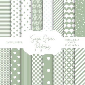 Papel Digital Verde Sálvia, Fundos Sem Costura, Padrões Verdes e Brancos, Papel Digital para Scrapbook, Listras, Bolinhas, Papel para Impressão