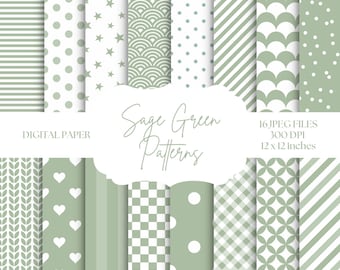 Sage Green Digital Paper, Seamless Backgrounds, Green And White Patterns, Digital Scrapbook Paper, Stripes, Polka Dots, Printable Paper