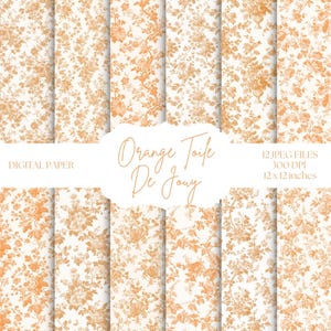 Oranje digitaal Toile de Jouy-papier, vintage bloempatronen, oranje en witte chinoiserie-achtergronden, digitaal plakboekpapier, herfsttoile