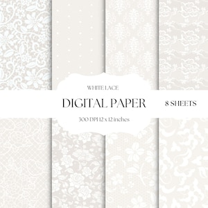 Digitaal papier met witte kant, naadloze bruiloftpatronen, kanten achtergronden, digitale plakboekset