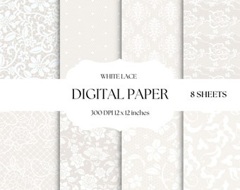 White Lace Digital Paper, Wedding Seamless Patterns, Lace Backgrounds, Digital Scrapbook Paper Set