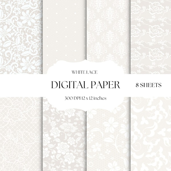 White Lace Digital Paper, Wedding Seamless Patterns, Lace Backgrounds, Digital Scrapbook Paper Set