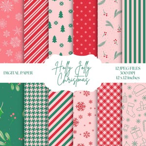 May include: A collection of digital Christmas-themed papers. The papers feature various patterns, including snowflakes, stripes, polka dots, and Christmas trees, in shades of red, pink, and green. The text "Holly Jolly Christmas" is displayed in the center.