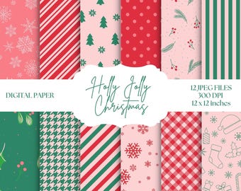 Christmas Digital Paper, Pink & Green Backgrounds, Cute Patterns, Red Polka Dots, Green Stripes, Holiday Scrapbooking, Invitations, Cards