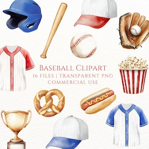Clipart de beisebol, PNG de esportes em aquarela, Clipart de aniversário para meninos, Bastão, Luva, Chapéu, Clipart infantil, Festa de beisebol, Download digital vermelho e azul