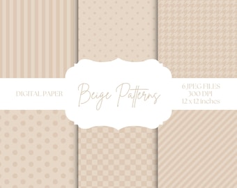 Beige digitalt papper, neutrala bakgrunder, prickar, hundtandsmönster, sömlösa mönster, digitalt scrapbookpapper, ränder, rutmönster