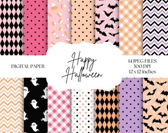 Lindo papel digital de Halloween, patrones rosados de Halloween, fondos de fantasmas, negro y naranja, Halloween pastel, patrón sin costuras de maíz dulce