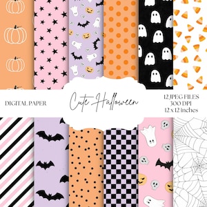 May include: A selection of digital paper designs with a Halloween theme. Patterns include pumpkins, stars, bats, ghosts, polka dots, and candy corn. The text reads "Cute Halloween" and "Digital Paper". Each paper is 30.48 x 30.48 cm.