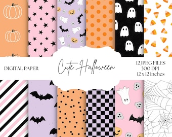 Halloween Digital Paper, Cute Spooky Patterns, Fall Backgrounds, Purple Scrapbook Paper, Black, Orange, Pink, Halloween Party