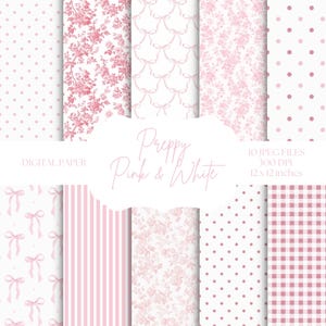 Carta digitale rosa Toile, motivi fiocco Coquette, sfondi preppy, baby shower, scrapbooking digitale, set di carta stampabile rosa e bianco