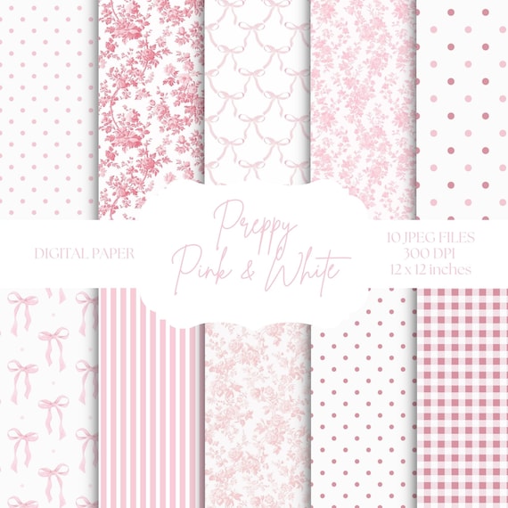Pink Toile Digital Paper, Coquette Bow Patterns, Preppy Backgrounds, Baby Shower, Digital Scrapbooking, Pink & White Printable Paper Set