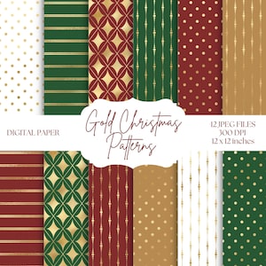 Papel digital dourado de Natal, fundos vermelhos e verdes, padrões sem costura, cores de Natal, bolinhas douradas, listras vermelhas, papel para scrapbook