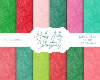 May include: Twelve digital paper designs in red, green, pink, and light green with a textured, marbled look. The papers are 12x12 inches and 300 DPI. The text "Holly Jolly Christmas" is written in a white oval.