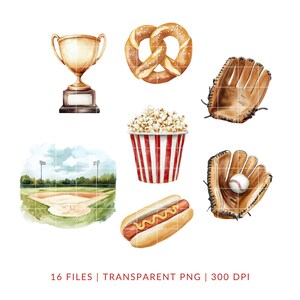 May include: Watercolor illustrations of baseball-themed items. Includes a gold trophy, a pretzel, a baseball glove, a popcorn container, a baseball field, a hot dog with mustard, and a baseball in a glove. The image also includes the text "16 FILES | TRANSPARENT PNG | 300 DPI".