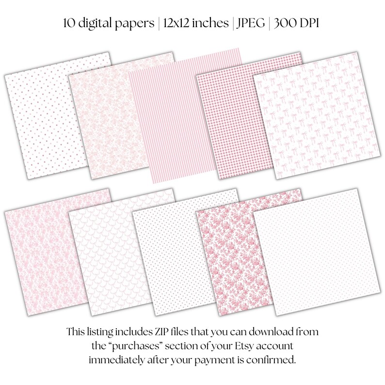 May include: Ten digital papers in pink and white with various patterns, including polka dots, stripes, gingham, and floral designs. Each paper is 12x12 inches and 300 DPI.