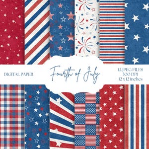 Papier numérique rouge, blanc et bleu, Fonds patriotiques, Motifs du 4 juillet, Papier de scrapbooking bleu, Fête de l'indépendance, Rayures rouges, Étoiles bleues