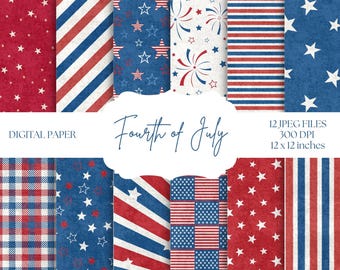 Red White & Blue Digital Paper, Patriotic Backgrounds, 4th Of July Patterns, Blue Scrapbook Paper, Independence Day, Red Stripes, Blue Stars