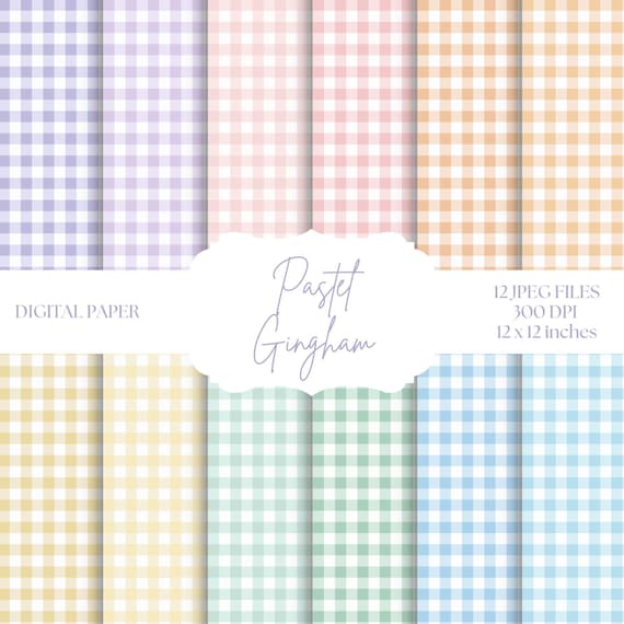 Pastel Gingham Digital Paper, Plaid Backgrounds, Pink & Blue Scrapbook Paper, Printable Paper Set, Green Gingham Patterns, Purple, Yellow
