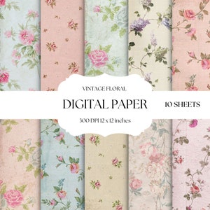 May include: A set of 10 digital paper sheets featuring vintage floral patterns in shades of pink, blue, green, and cream. The papers are 300 DPI and measure 12 x 12 inches.
