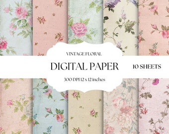 Vintage Floral Digital Paper, Shabby Chic Backgrounds, Floral Patterns, Digital Scrapbook Paper Set, Distressed Flowers, Junk Journal Paper