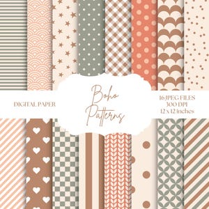 Papier numérique bohème, Arrière-plans neutres, Motifs sans couture, Papier de scrapbooking numérique marron, Pois verts, Rayures beiges, Motifs orange