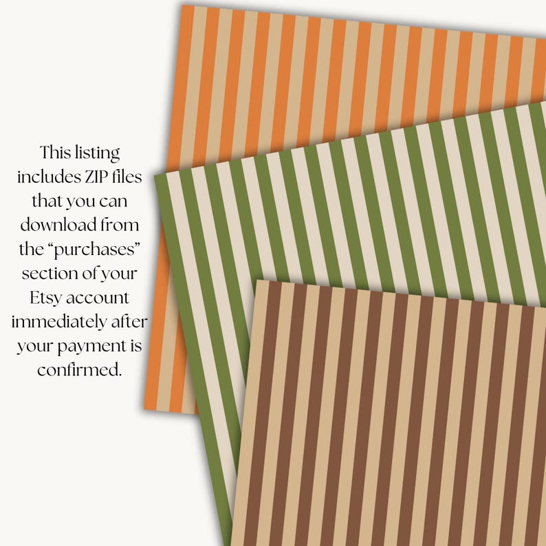 May include: Three sheets of paper with vertical stripes in orange, green, and brown. The stripes alternate with cream-coloured stripes. The paper is slightly angled, creating a layered effect. The text on the left side of the image is blurry.