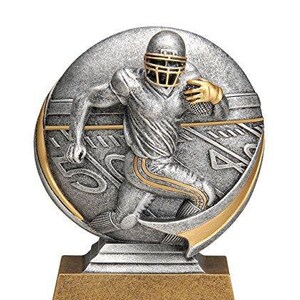 May include: Silver football trophy with a football player running with the ball. The trophy has a gold base and a silver football field design.