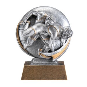 May include: A silver and gold wrestling trophy featuring a wrestler in a takedown position. The trophy is on a round base with a gold trim.