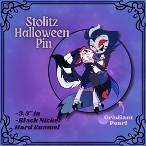 May include: A Stolit Halloween pin featuring two cartoon characters in a loving embrace. The pin is 3.5 inches in size, made with black nickel and hard enamel, and has a gradient pearl finish. The pin is set against a purple background.