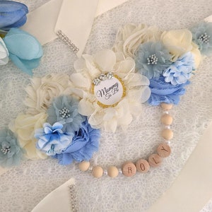 Blue Ivory Boho Baby Boy Shower Pregnant Mom Sash Belt Photo Prop, Maternity Flower Sash Smoke Blue Expecting Mom Keepsake Gift, Dusty Blue
