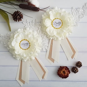 Ivory and Beige Baby Shower Pins, Mom and Dad To Be Corsage Set, Mommy To Be Button, Daddy To Be Pin, Mommy and Daddy To Be Keepsake Gift