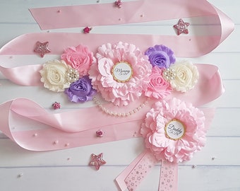 Girl Baby Shower Mommy To Be Sash, Mom To Be Flower Sash, Unicorn Maternity Sash, Baby Belly Pink Sash, Pink and Purple Mom To Be Sash