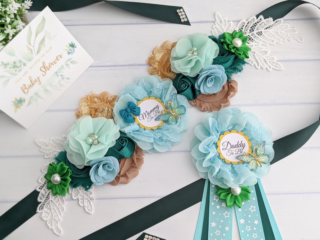Woodland Baby Shower Sash Belt, Green Dad to Be Pin, Safari Mommy Belly Sash, Jungle Mom Sash