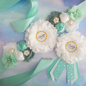 Mint Green And White Mom To Be Sash And Dad To Be Pin Set For Baby Shower, Mommy To Be Sash Belt And Daddy To Be Button,Baby Shower Sash Set