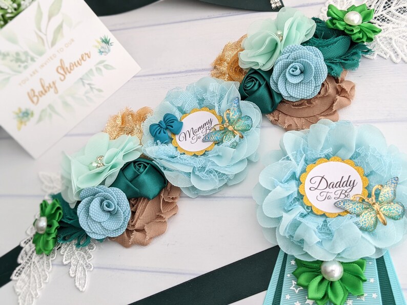 Woodland Baby Shower Sash Belt Green Dad to Be Pin Safari Etsy