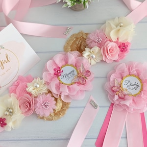 Butterfly Pink Baby Shower Sash, Mommy To Be Pink And Gold Sash, Gold Butterfly Mom Sash Belt, Belly Bump Flower Sash,New Mama Keepsake Gift