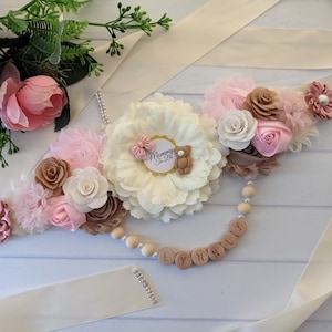 Pink Teddy Bear Baby Girl Shower Pregnant Mom Belly Bump Sash, Brown Bear Mommy To Be Maternity Sash Belt, Expecting Mama Sash Photo Prop