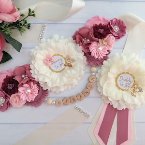 Dusty Pink and Ivory Maternity Dress Belt, Pregnant Baby Bump Flower Sash, Girl Baby Shower Mommy To Be Sash, Butterfly Baby Shower Sash