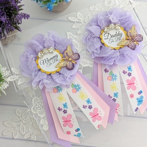 Purple Butterfly Baby Shower Pins, Mommy To Be Ribbon, Daddy To Be Button, Baby Girl Shower Ribbons, Lavender Mom To Be Pin, Baby Sprinkle