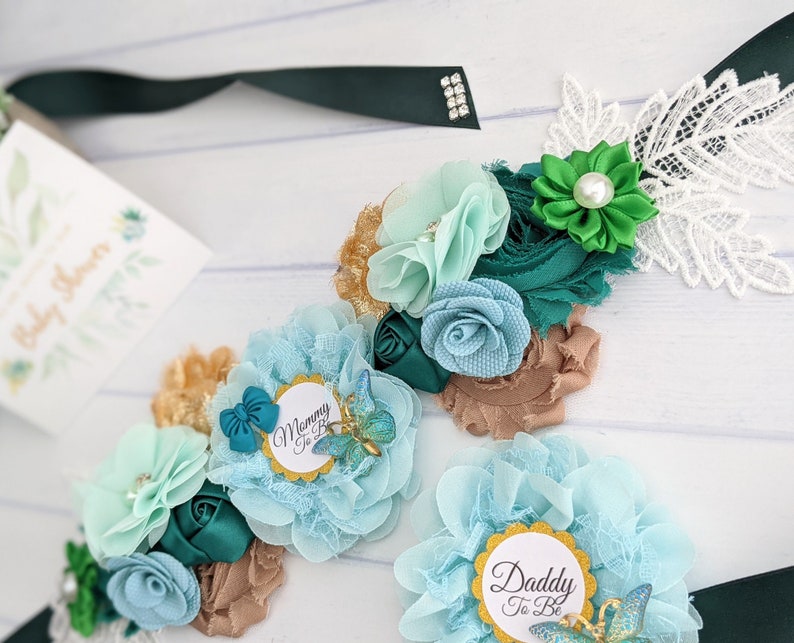 Woodland Baby Shower Sash Belt Green Dad to Be Pin Safari Etsy