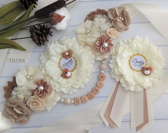 Szarfa na Baby Shower bez względu na płeć, prezent dla przyszłej mamy, szarfa dla przyszłej mamy z misiem, szarfa ciążowa w kolorze kości słoniowej, szarfa na brzuch w ciąży, szarfa na brzuszek dziecka