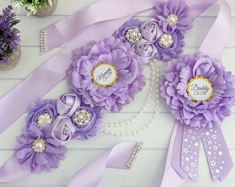 TraveT Maternity Flower Sash Belt Headband Set for Women Girls Faux Pearl Crystal Rhinestone Wedding Baby Shower Sash,Light Purple