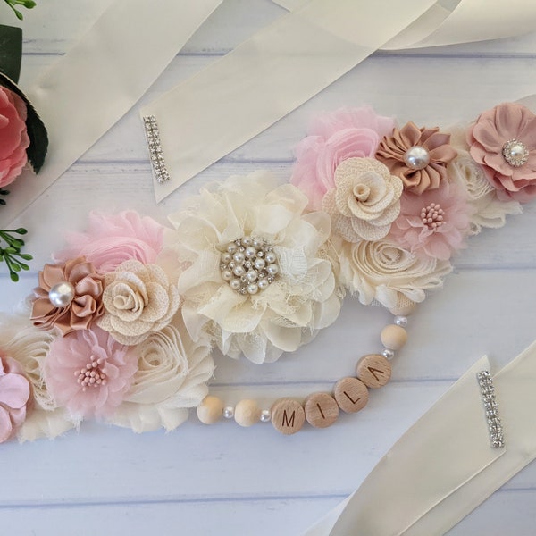 Boho Baby Shower Mommy To Be Belly Bump Sash Belt, Pregnant Women Maternity Dress Flower Sash Accessory, Bohemian Blush Pink Expectant Gift